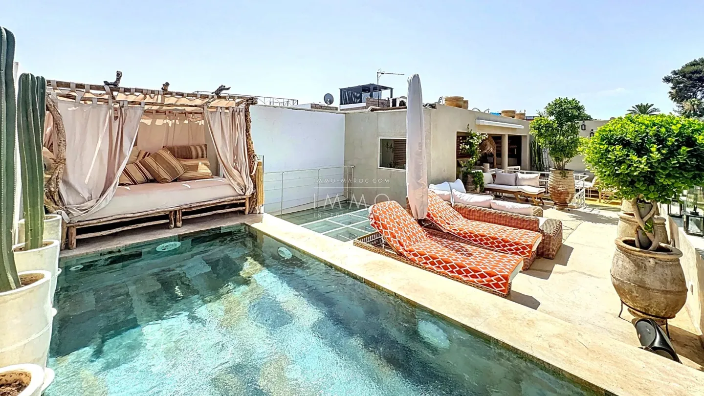 Riad à vendre – médina – 4 chambres – vue jardins mamounia – piscine chauffée rooftop – art déco – rénové – maison d'hôtes possible